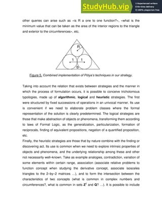 other queries can arise such as «is R a one to one function?», «what is the
minimum value that can be taken as the area of the interior regions to the triangle
and exterior to the circumferences», etc.
Figure 5. Combined implementation of Pòlya’s techniques in our strategy.
Taking into account the relation that exists between strategies and the manner in
which the process of formulation occurs, it is possible to conceive trichotomous
typologies, made up of algorithmic, logical and heuristic strategies. The first
were structured by fixed successions of operations in an univocal manner. Its use
is convenient if we need to elaborate problem classes where the formal
representation of the solution is clearly predetermined. The logical strategies are
those that make abstraction of objects or phenomena, transforming them according
to laws of Formal Logic, as the generalization, particularization, formation of
reciprocals, finding of equivalent propositions, negation of a quantified proposition,
etc.
Finally, the heuristic strategies are those that by nature combine with the finding or
discovering act. Its use is common when we need to explore intrinsic properties of
objects and phenomena, and the underlying relationship among these and other
not necessarily well–known. Take as example analogies, contradiction, variation of
some elements within certain range, association (associate relative problems to
function concept when studying the derivative concept, associate isosceles
triangles to the 2–by–2 matrices …), and to form the intersection between the
characteristics of two concepts (what is common in complex numbers and
circumferences?, what is common in sets Z2
and Q? …). It is possible to include
R
•
b
1 1
• •
 