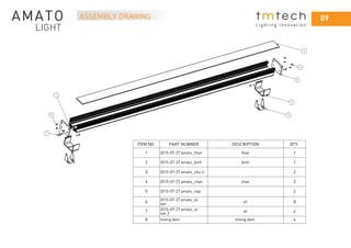 09
L i g h t i n g I n n o v a t i o n
ASSEMBLY DRAWING
2
6
5
3
4
7
8
1
ITEM NO. PART NUMBER DESCRIPTION QTY.
1 2015-07-27 amato_than than 1
2 2015-07-27 amato_kinh kinh 1
3 2015-07-27 amato_chu U 2
4 2015-07-27 amato_chan chan 2
5 2015-07-27 amato_nap 2
6 2015-07-27 amato_oc
van
vit 8
7 2015-07-27 amato_oc
van 2
vit 4
8 mieng dem mieng dem 4
 