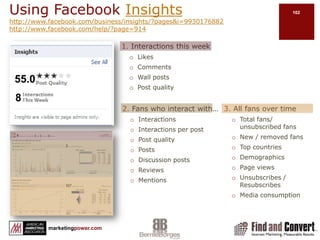 Facebook Branding StrategyBuild an active wallEncourage people to Like your pageMonitor and participate in the comments on your WallRe-purpose contentPost useful, interesting content from various sources, regularlyEncourage Experiential MarketingUse Landing or welcome tabsProduct specific interactionDeliver a unique experience!ExperimentUse Calls to ActionWell designed, clear calls to actionMarket Facebook outside FacebookUse photosIf possible, use pictures to show how customers use your productShow customer satisfaction and engagementPost pictures of your team at workUse videoPost recording of team member “experts”Show your product in actionHighlight off-line marketingCompany sponsorships and events