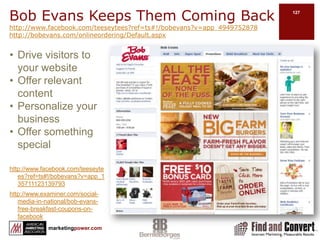 Using Facebook Insightshttp://www.facebook.com/business/insights/?pages&i=9930176882http://www.facebook.com/help/?page=9141. Interactions this weekLikesCommentsWall postsPost quality55.083. All fans over timeTotal fans/ unsubscribed fansNew / removed fansTop countriesDemographicsPage viewsUnsubscribes / ResubscribesMedia consumption2. Fans who interact with…InteractionsInteractions per postPost qualityPosts Discussion postsReviewsMentions 