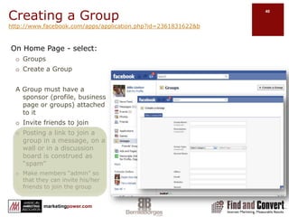 Personal Profile TipsUpload a few pictures and fill out your profile completely.Update your status daily.“Like” business (fan) pages and join groups that are of interest to you. Participate in them by commenting on their walls and/or uploading links.Edit settings to exclude apps to lists e.g. Gambling app on your profileEngage with your Facebook friends by commenting on their walls, invite them to join your business page(s)/groups, comment on their videos/pictures, and upload videos/pictures.Post upcoming events or parties you may have and invite your Facebook friends.Listen in on Facebook conversations and get social with your peers and friends as you see fit and get comfortable doing so.