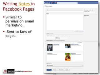 Creating a Vanity URLhttp://www.facebook.com/usernameYou must have a profile to create vanity URL for a business pageMinimum of 25 “Likes” for business page URLSelect a name with relevant keywords for search value