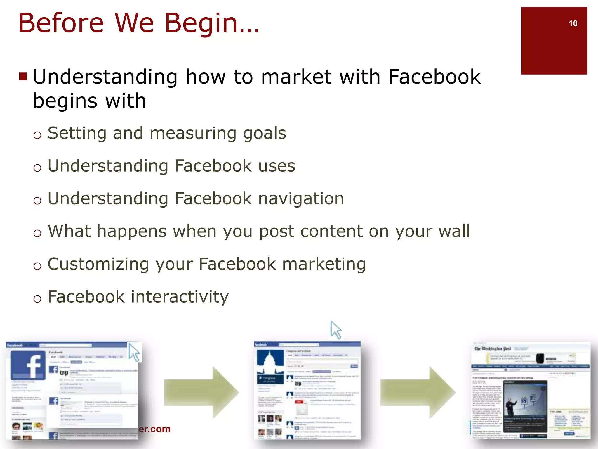 Facebook StatsPeople of Facebook460 M active users (120M US)Avg 130 friends500B minutes per monthActivityAvg user connected to 60 pages, groups and eventsGlobal reach70 languages70% of users are outside the USMobile100M access FacebookUsers are twice more activePlatform1M+ developers  & entrepreneurs from 180 countries Every month, more than 70% of users  engage with platform applicationsMore than 500,000 applications available More than 250,000 websites integrate with FacebookcomScore stats2/3rds of US top 100 websitesHalf of Global top 100 websites