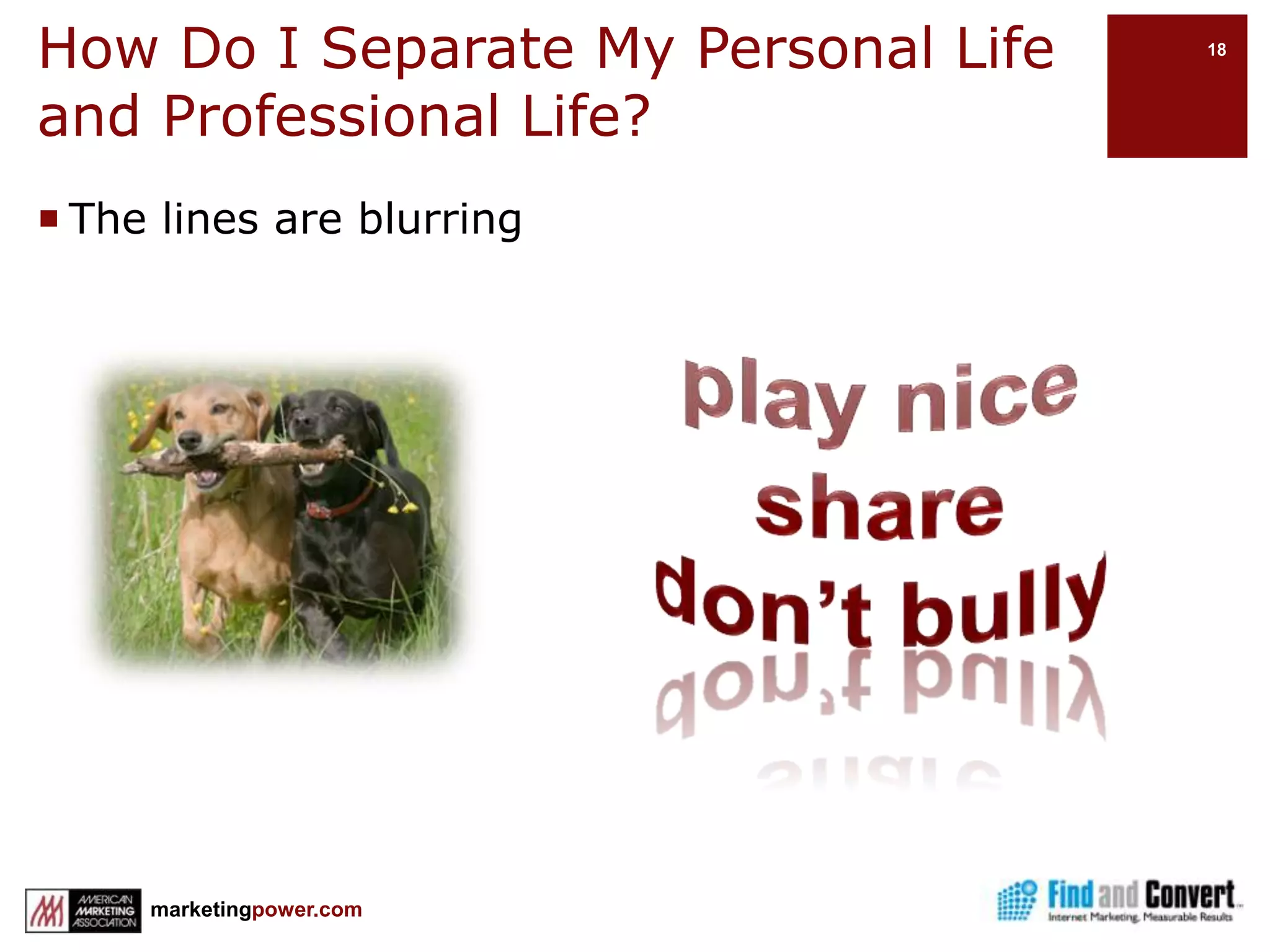 Basic Facebook NavigationGroupMust have a personal profileInvitations can be open to the public or closed Allows you to send bulk invite to friendsOpportunity for message to go viralDoes not support applicationsCan create related event and invitationCannot promote with social adsNo visitor statistics available (at this time)Discussions Personal ProfileYou can friend othersYou can “Like” a pageCannot use profile for businessAllows for “vanity” URLPost messages that will be read by your “friends”Create eventsShare content, photos and videoSend private emailBusiness PageVisible to unregistered usersStands alone in search enginesAllows for “vanity” URLCan create eventsCan tailor to specific needsOver 500,000 Facebook and 3rd party applicationsCan promote with social adsOffers Visitor statisticsAllows multiple administrators not attached to a profileDiscussionsPersonal profiles are for peopleBusiness pages are for celebrity, band, business or organizationGroups are sponsored by an individual for specific topics