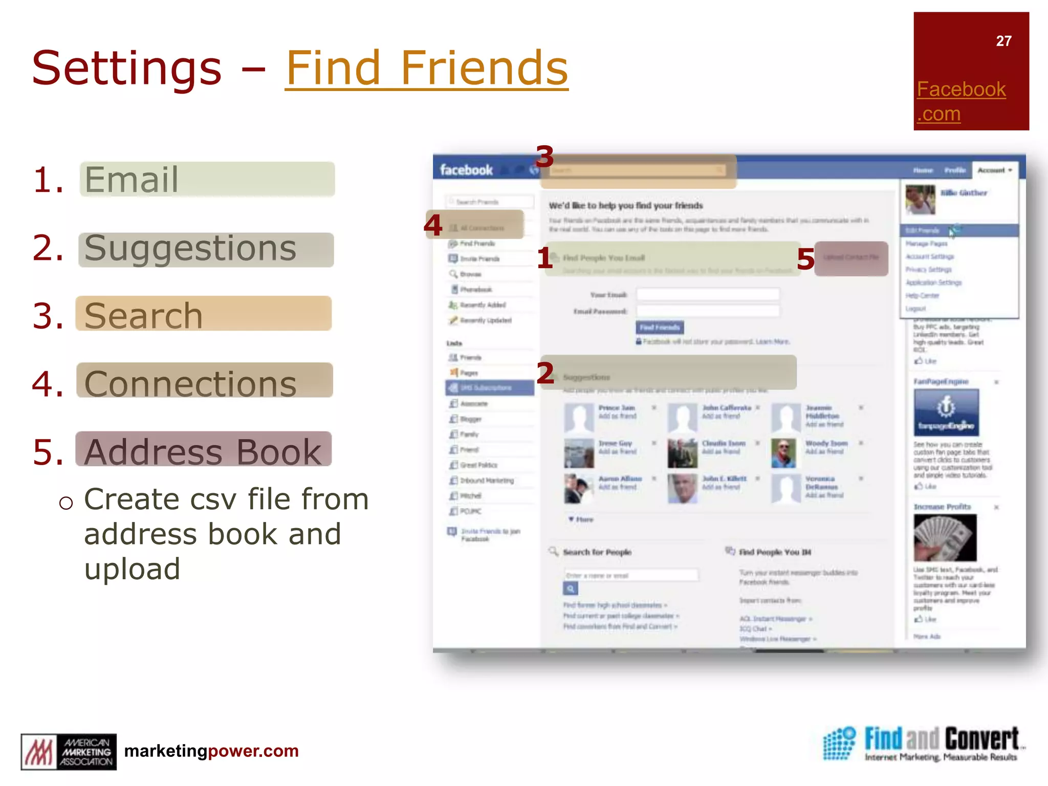 Setting up a Personal ProfileFacebook.comAre you creating a personal profile or a business page? Do you want a personal profile attached to your business page?Fill in form or select “Create a Page”Select Privacy settings. Agree to Facebook TOS..Confirmation email. Search for friends and coworkers:Online email address book for possible friends and contactsBy school or company.Help
