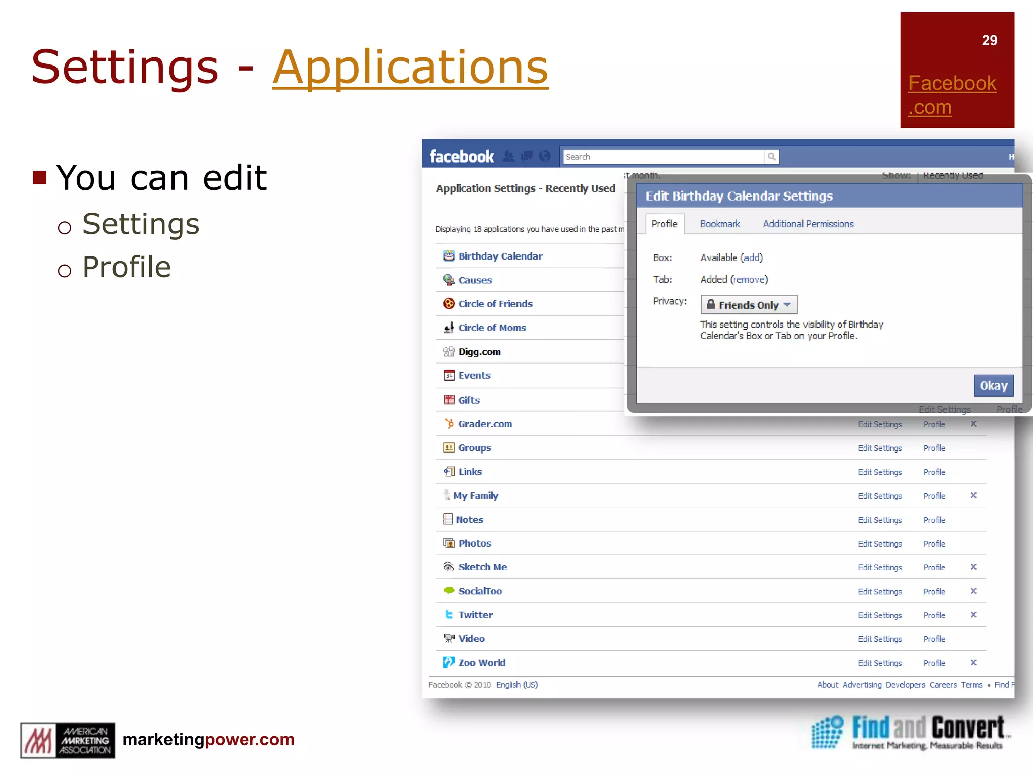 Set Up Your Personal Profile Privacy SettingsFacebook.comFriends                      Friends of Friends  EveryonePersonal Information and PostsContact InformationSearchApplications and WebsitesInstant Personalization Pilot ProgramMore informationMashable: Facebook Privacy ControlsFacebook Privacy ExplanationFacebook Privacy
