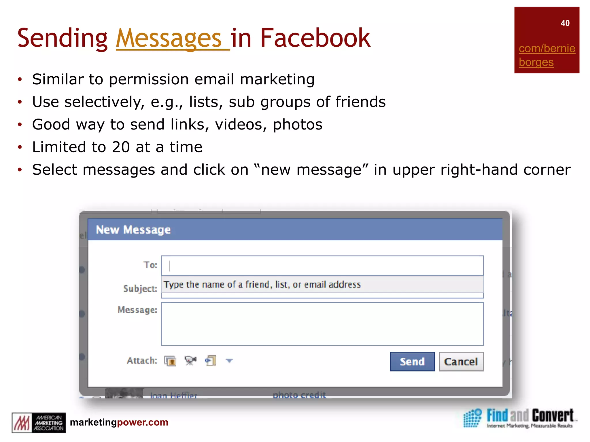 Creating a Vanity URLhttp://www.facebook.com/usernameYou must have a profile to create vanity URL for a business pageMinimum of 25 “Likes” for business page URL