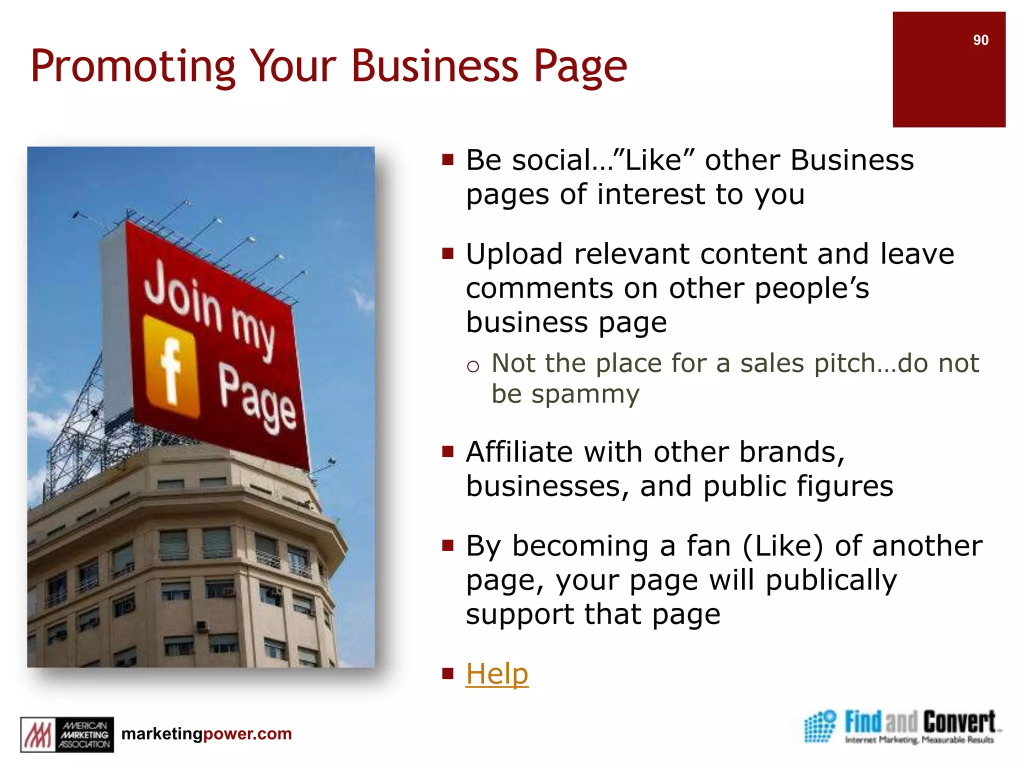 Facebook Marketing Outside FacebookFacebook developers -  Facebook Platform ShowcaseMixture of free and fee based appsCross-pollinate social media and traditional media venuesUse email, newsletters, direct mail and media to point to social networks