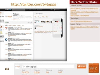 A few of the 70,000+ 3rd Party Apps for TwitterFreeHootSuitehttp://www.HootSuite.comTweetDeckhttp://www.tweetdeck.comTweeSpeedhttp://www.tweespeed.comTweetMeMEhttp://www.tweetmeme.comMrTweethttp://mrtweet.netTwitter Grader http://twitter.grader.comNutshell Mail http://nutshellmail.comTwitpichttp://twitpic.comTwitvidhttp://www.twitvid.comTweetsharehttp://www.tweetshare.comTweetMixxhttp://www.tweetmixx.comTweetBeephttp://tweetbeep.comTweetReachhttp://www.tweetreach.comManageFlitterhttp://www.manageflitter.comTwitterAnalyzerhttp://www.twitteranalyzer.comKlouthttp://www.klout.comTwitalyzerhttp://www.twitalyzer.comListorioushttp://www.listorious.comWhatthehashtaghttp://whatthehashtag.comFree Basic or Premium (fee based)BudUrlhttp://www.bud.url