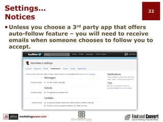 Tips for Setting Up Your Profilehttp://www.twitter.com/Email addresses must be different if you are setting up a personal and business profile.Tip: Create a specific Gmail account for your Twitter profile to avoid clogging up your email.