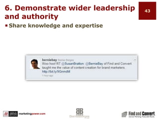 2. ListenListen to your audience and learnCreate tweets that are interesting to “them”Be more informational than advertorial Build trust and authority that will help you achieve your business goalsDeliver content around the 3 E’s (educate, enlighten, entertain)