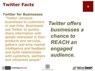 Expectations…continuedTools and techniques to expand, manage and measure your branding efforts through TwitterIntegrating Twitter into other social networks e.g. Facebook, LinkedInJoin and follow Twitter conversations, respond appropriately to comments and how to use Twitter while attending an event or conferenceIntegrate Twitter into all other aspects of your marketing strategies