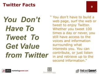 AgendaThis MorningThis AfternoonA Twittle ThoughtGetting Started…Twitter BasicsManagement Tools for the TwittersphereGetting the Most Out of TwitterMeasuring ResultsMarketing with TwitterIn the Trenches