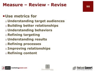 Best Practice Stuff…continuedFollow social marketing best practicesFollow those that follow you but maintain balanced follower to following ratios – recommend 1.25 to 1 or lessEngage: Proactively and in response to RTs (retweets) and SOs (Shout Outs)Tweet consistently and set up a good maintenance scheduleMeasure which content resonates best with your target groups