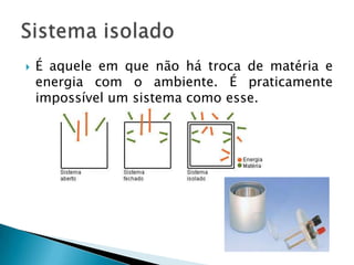    É aquele em que não há troca de matéria e
    energia com o ambiente. É praticamente
    impossível um sistema como esse.
 