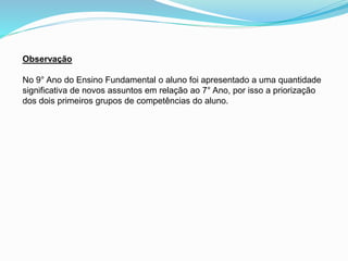 Observação
No 9° Ano do Ensino Fundamental o aluno foi apresentado a uma quantidade
significativa de novos assuntos em relação ao 7° Ano, por isso a priorização
dos dois primeiros grupos de competências do aluno.
 