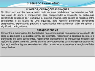 3ª SÉRIE DO ENSINO MÉDIO
NÚMEROS, OPERAÇÕES E FUNÇÕES
No último ano escolar, tem a maior parte de suas habilidades concentradas no G-III,
que exige do aluno a competência para compreender a resolução de problemas
envolvendo equações do 1 e 2 graus e, sistema lineares, para aplicar as relações entre
coeficientes e as raízes de uma equação, para resolver problemas envolvendo
progressões, expressando padrões e regularidades em seqüências, além de aplicar o
significado de logaritmos.
ESPAÇO E FORMA
Concentra a maior parte das habilidades nas competências para observar o estreito elo
entre a geometria e a álgebra como, por exemplo, reconhecer a equação da reta e o
significado de seus coeficientes, representar graficamente as inequações lineares por
regiões do plano, além do uso de sistema de coordenadas para representar pontos ou
figuras, identificar figuras semelhantes, além de conhecer e perceber a relação de Euler
nos poliedros
 
