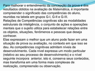 Para melhorar o entendimento da concepção da prova e dos
resultados obtidos na avaliação de Matemática, é importante
compreender o significado das competências do aluno,
reunidas na tabela em grupos G-I, G-II e G-III.
Relações de Competências cognitivas são as modalidades
estruturais da inteligência, o conjunto de ações e operações
mentais que o sujeito utiliza para estabelecer relações entre
os objetos, situações, fenômenos e pessoas que deseja
conhecer.
Elas expressam o melhor que um aluno pode fazer em uma
situação de prova ou avaliação, no contexto em que isso se
deu. As competências cognitivas admitem níveis de
desenvolvimento. Cada nível expressa um modo particular
(relativo ao seu processo de desenvolvimento) e o nível
seguinte incorpora anterior, isto é, conserva seus conteúdos,
mas transforma em uma forma mais complexas de
realização, compreensão ou observação.
 