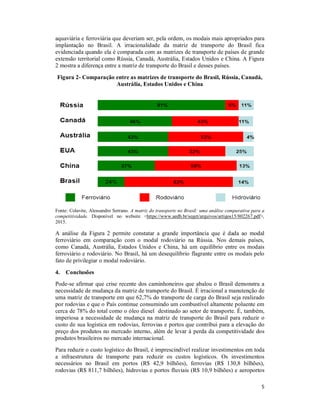 5
aquaviária e ferroviária que deveriam ser, pela ordem, os modais mais apropriados para
implantação no Brasil. A irracionalidade da matriz de transporte do Brasil fica
evidenciada quando ela é comparada com as matrizes de transporte de países de grande
extensão territorial como Rússia, Canadá, Austrália, Estados Unidos e China. A Figura
2 mostra a diferença entre a matriz de transporte do Brasil e desses países.
Figura 2- Comparação entre as matrizes de transporte do Brasil, Rússia, Canadá,
Austrália, Estados Unidos e China
Fonte: Colavite, Alessandro Serrano. A matriz do transporte no Brasil: uma análise comparativa para a
competitividade. Disponível no website <https://www.aedb.br/seget/arquivos/artigos15/802267.pdf>,
2015.
A análise da Figura 2 permite constatar a grande importância que é dada ao modal
ferroviário em comparação com o modal rodoviário na Rússia. Nos demais países,
como Canadá, Austrália, Estados Unidos e China, há um equilíbrio entre os modais
ferroviário e rodoviário. No Brasil, há um desequilíbrio flagrante entre os modais pelo
fato de privilegiar o modal rodoviário.
4. Conclusões
Pode-se afirmar que crise recente dos caminhoneiros que abalou o Brasil demonstra a
necessidade de mudança da matriz de transporte do Brasil. É irracional a manutenção de
uma matriz de transporte em que 62,7% do transporte de carga do Brasil seja realizado
por rodovias e que o País continue consumindo um combustível altamente poluente em
cerca de 78% do total como o óleo diesel destinado ao setor de transporte. É, também,
imperiosa a necessidade de mudança na matriz de transporte do Brasil para reduzir o
custo de sua logística em rodovias, ferrovias e portos que contribui para a elevação do
preço dos produtos no mercado interno, além de levar à perda da competitividade dos
produtos brasileiros no mercado internacional.
Para reduzir o custo logístico do Brasil, é imprescindível realizar investimentos em toda
a infraestrutura de transporte para reduzir os custos logísticos. Os investimentos
necessários no Brasil em portos (R$ 42,9 bilhões), ferrovias (R$ 130,8 bilhões),
rodovias (R$ 811,7 bilhões), hidrovias e portos fluviais (R$ 10,9 bilhões) e aeroportos
 