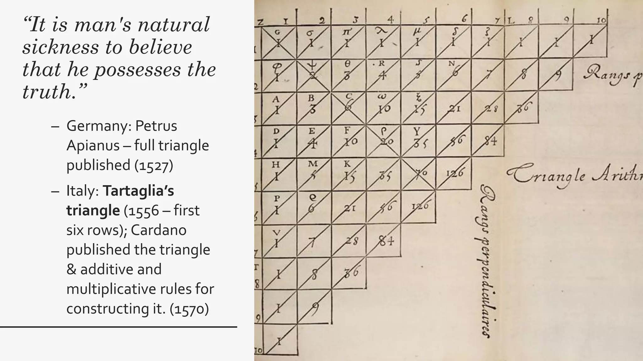 “It is man's natural
sickness to believe
that he possesses the
truth.”
– Germany: Petrus
Apianus – full triangle
published (1527)
– Italy: Tartaglia’s
triangle (1556 – first
six rows); Cardano
published the triangle
& additive and
multiplicative rules for
constructing it. (1570)
 