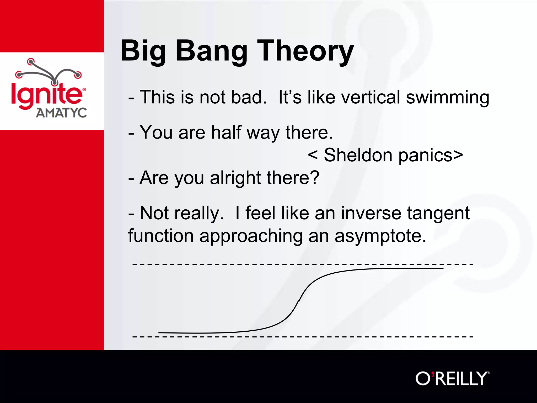 Big Bang Theory
- This is not bad. It’s like vertical swimming
- You are half way there.
< Sheldon panics>
- Are you alright there?
- Not really. I feel like an inverse tangent
function approaching an asymptote.
 