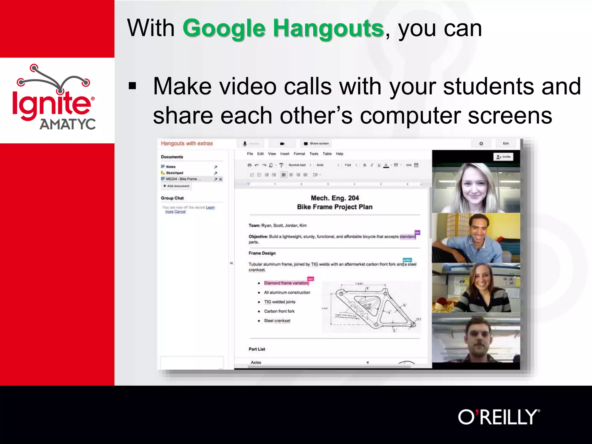 With Google Hangouts, you can
 Make video calls with your students and
share each other’s computer screens
 