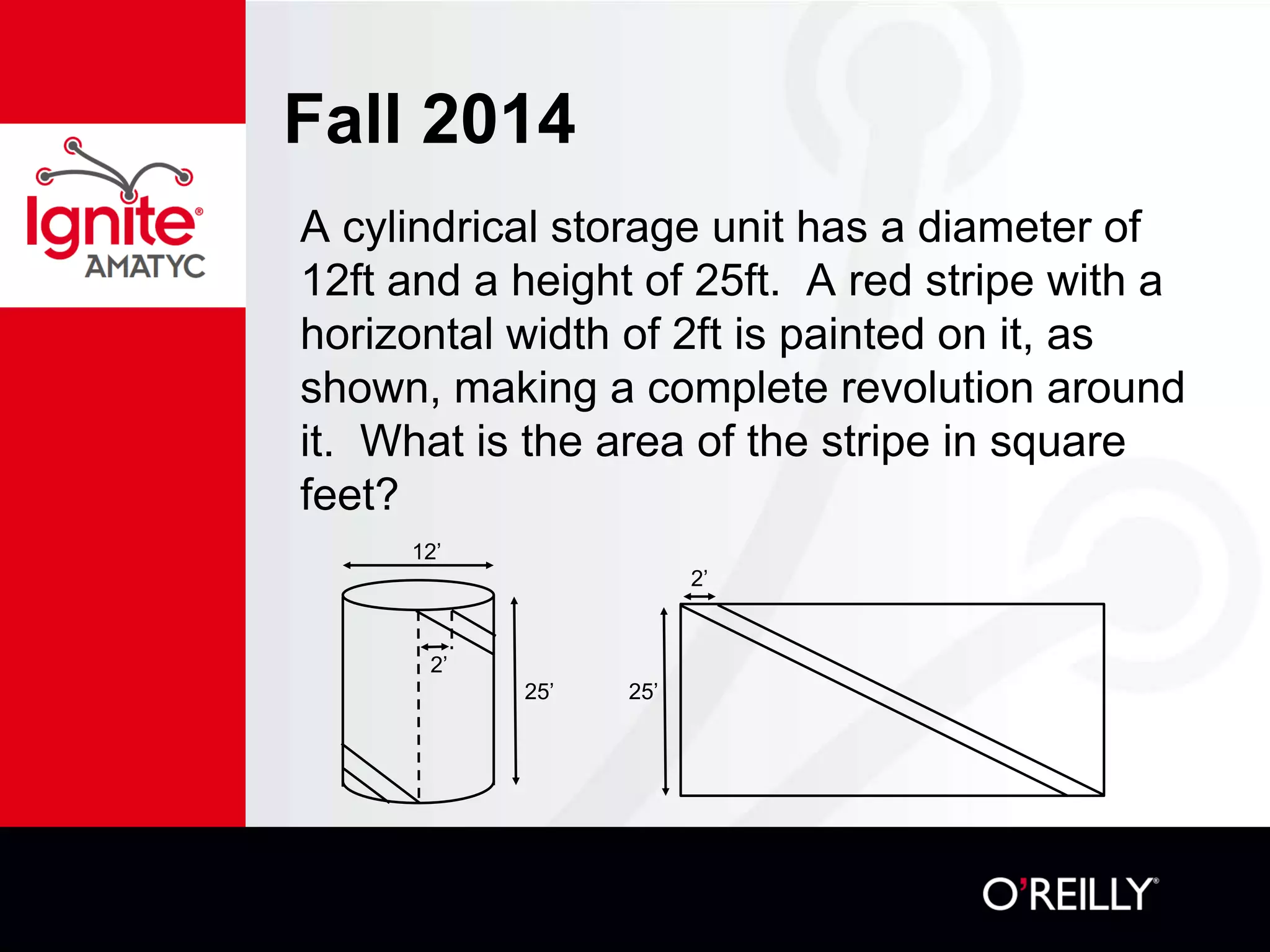 Fall 2014
A cylindrical storage unit has a diameter of
12ft and a height of 25ft. A red stripe with a
horizontal width of 2ft is painted on it, as
shown, making a complete revolution around
it. What is the area of the stripe in square
feet?
12’
2’
2’
25’ 25’
 