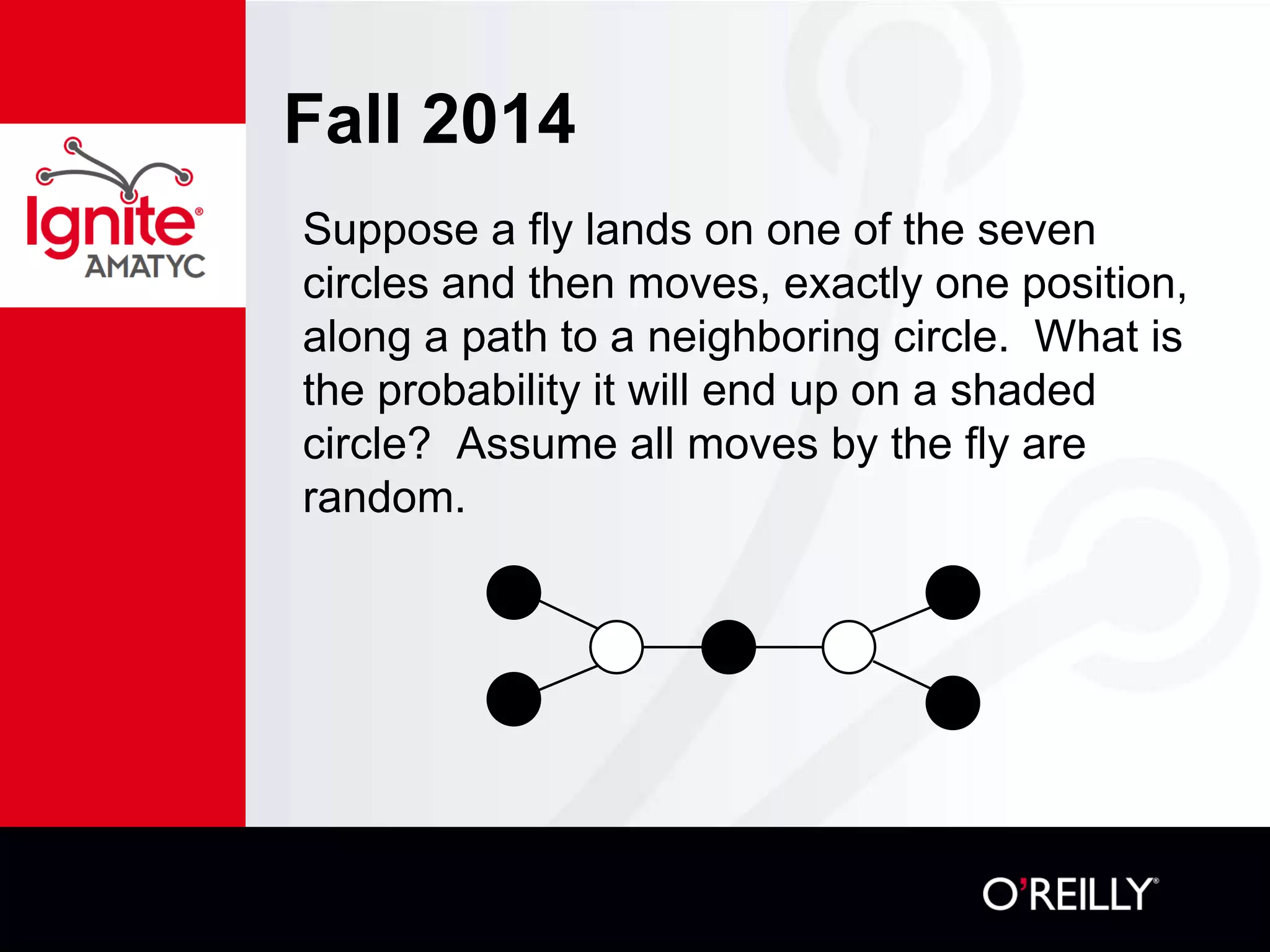 Fall 2014
Suppose a fly lands on one of the seven
circles and then moves, exactly one position,
along a path to a neighboring circle. What is
the probability it will end up on a shaded
circle? Assume all moves by the fly are
random.
 