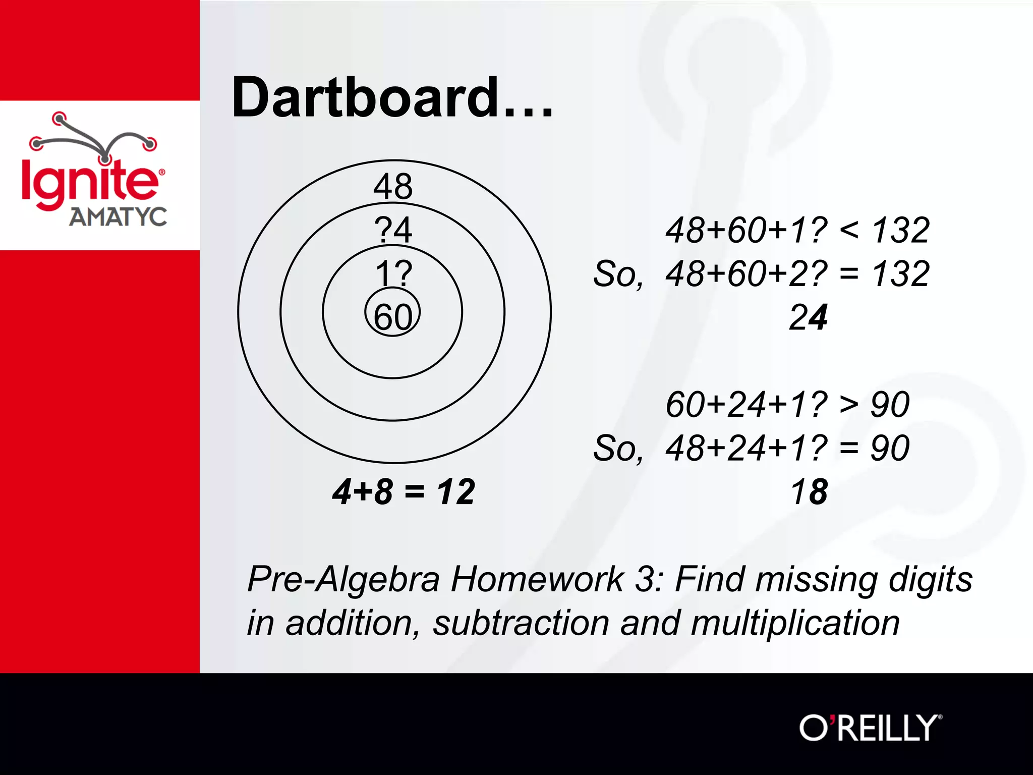 Dartboard…
48
?4 48+60+1? < 132
1? So, 48+60+2? = 132
60 24
60+24+1? > 90
So, 48+24+1? = 90
4+8 = 12 18
Pre-Algebra Homework 3: Find missing digits
in addition, subtraction and multiplication
 
