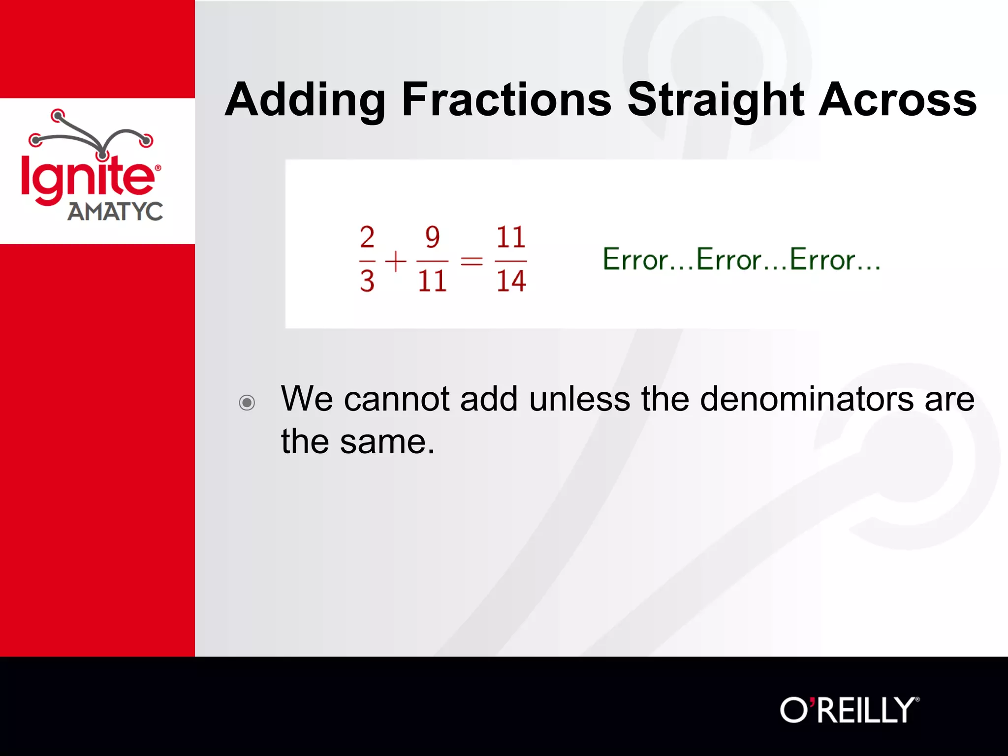 Adding Fractions Straight Across
๏ We cannot add unless the denominators are
the same.
 
