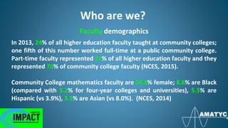 Who are we?
Faculty demographics
In 2013, 24% of all higher education faculty taught at community colleges;
one fifth of this number worked full-time at a public community college.
Part-time faculty represented 37% of all higher education faculty and they
represented 70% of community college faculty (NCES, 2015).
Community College mathematics faculty are 54.8% female; 8.6% are Black
(compared with 5.2% for four-year colleges and universities), 5.5% are
Hispanic (vs 3.9%), 3.5% are Asian (vs 8.0%). (NCES, 2014)
 