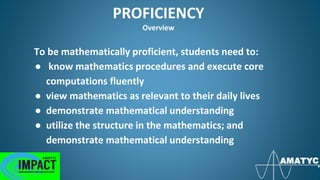 PROFICIENCY
Overview
To be mathematically proficient, students need to:
● know mathematics procedures and execute core
computations fluently
● view mathematics as relevant to their daily lives
● demonstrate mathematical understanding
● utilize the structure in the mathematics; and
demonstrate mathematical understanding
 