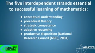 The five interdependent strands essential
to successful learning of mathematics:
● conceptual understanding
● procedural fluency
● strategic competence
● adaptive reasoning
● productive disposition (National
Research Council [NRC], 2001)
 