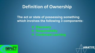 Definition of Ownership
❖ Discovery
❖ Responsibility
❖ Continued Learning
The act or state of possessing something
which involves the following 3 components:
 