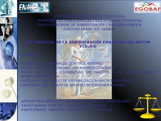 REPÚBLICA BOLIVARIANA DE VENEZUELA
        MINISTERIO DEL PODER POPULAR PARA ECONOMÍA Y FINANZAS
        ESCUELA NACIONAL DE ADMINISTRACIÓN Y HACIENDA PÚBLICA
                      CONVENIO ENAHP- IUT- EGOBAP


  LEY ORGÁNICA DE LA ADMINISTRACIÓN FINANCIERA DEL SECTOR
                         PÚBLICO

CONTENIDO:

TÍTULO VI- DEL SISTEMA DE CONTROL INTERNO
TÍTULO VII- DE LA COORDINACIÓN MACROECONÓMICA
TÍTULO VIII- DE LA ESTABILIDAD DE GASTOS Y SU SOSTENIBILIDAD
INTERGENERACIONAL
CAPÍTULO I- DEL FONDO DE ESTABILIZACIÓN MACROECONÓMICA
CAPÍTULO II- DEL FONDO DE AHORRO INTERGENERACIONAL



ASIGNATURA: DERECHO DE CONTROL PÚBLICO VENEZOLANO
FACILITADORA: AURORA ANGARITA CASTAÑEDA
PARTICIPANTE: AMAURIS AGUILERA C.I. V- 14577548
 