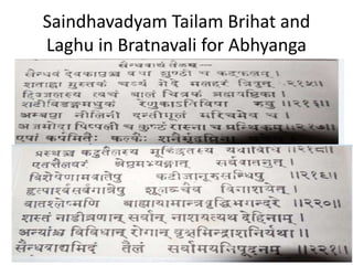 Saindhavadyam Tailam Brihat and
Laghu in Bratnavali for Abhyanga
 