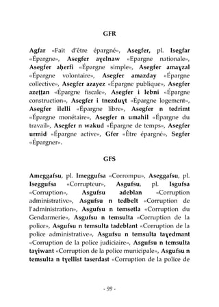 - 99 -
GFR
Agfar «Fait d’être épargné», Asegfer, pl. Isegfar
«Épargne», Asegfer aɣelnaw «Epargne nationale»,
Asegfer aḥerfi «Épargne simple», Asegfer amaɣzal
«Épargne volontaire», Asegfer amazday «Épargne
collective», Asegfer azayez «Épargne publique», Asegfer
azeṭṭan «Épargne fiscale», Asegfer i lebni «Épargne
construction», Asegfer i tnezduɣt «Épargne logement»,
Asegfer ilelli «Épargne libre», Asegfer n tedrimt
«Épargne monétaire», Asegfer n umahil «Épargne du
travail», Asegfer n wakud «Épargne de temps», Asegfer
urmid «Épargne active», Gfer «Être épargné», Segfer
«Épargner».
GFS
Ameggafsu, pl. Imeggufsa «Corrompu», Aseggafsu, pl.
Iseggufsa «Corrupteur», Asgufsu, pl. Isgufsa
«Corruption», Asgufsu adeblan «Corruption
administrative», Asgufsu n tedbelt «Corruption de
l’administration», Asgufsu n temsetla «Corruption du
Gendarmerie», Asgufsu n temsulta «Corruption de la
police», Asgufsu n temsulta tadeblant «Corruption de la
police administrative», Asgufsu n temsulta taɣedmant
«Corruption de la police judiciaire», Asgufsu n temsulta
taɣiwant «Corruption de la police municipale», Asgufsu n
temsulta n tɣellist taserdast «Corruption de la police de
 