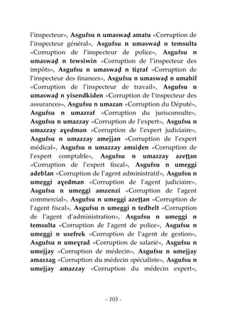 - 103 -
l’inspecteur», Asgufsu n umaswaḍ amatu «Corruption de
l’inspecteur général», Asgufsu n umaswaḍ n temsulta
«Corruption de l’inspecteur de police», Asgufsu n
umaswaḍ n tewsiwin «Corruption de l’inspecteur des
impôts», Asgufsu n umaswaḍ n tiẓraf «Corruption de
l’inspecteur des finances», Asgufsu n umaswaḍ n umahil
«Corruption de l’inspecteur de travail», Asgufsu n
umaswaḍ n yisendkiden «Corruption de l’inspecteur des
assurances», Asgufsu n umazan «Corruption du Député»,
Asgufsu n umazraf «Corruption du jurisconsulte»,
Asgufsu n umazzay «Corruption de l’expert», Asgufsu n
umazzay aɣedman «Corruption de l’expert judiciaire»,
Asgufsu n umazzay amejjan «Corruption de l’expert
médical», Asgufsu n umazzay amsiḍen «Corruption de
l’expert comptable», Asgufsu n umazzay azeṭṭan
«Corruption de l’expert fiscal», Asgufsu n umeggi
adeblan «Corruption de l’agent administratif», Asgufsu n
umeggi aɣedman «Corruption de l’agent judiciaire»,
Asgufsu n umeggi amzenzi «Corruption de l’agent
commercial», Asgufsu n umeggi azeṭṭan «Corruption de
l’agent fiscal», Asgufsu n umeggi n tedbelt «Corruption
de l’agent d’administration», Asgufsu n umeggi n
temsulta «Corruption de l’agent de police», Asgufsu n
umeggi n usefrek «Corruption de l’agent de gestion»,
Asgufsu n umeɣrad «Corruption de salarié», Asgufsu n
umejjay «Corruption de médecin», Asgufsu n umejjay
amazzag «Corruption du médecin spécialiste», Asgufsu n
umejjay amazzay «Corruption du médecin expert»,
 