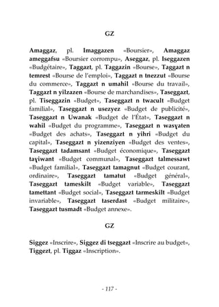 - 117 -
GZ
Amaggaz, pl. Imaggazen «Boursier», Amaggaz
ameggafsu «Boursier corrompu», Aseggaz, pl. Iseggazen
«Budgétaire», Taggazt, pl. Taggazin «Bourse», Taggazt n
temrest «Bourse de l’emploi», Taggazt n tnezzut «Bourse
du commerce», Taggazt n umahil «Bourse du travail»,
Taggazt n yilzazen «Bourse de marchandises», Taseggazt,
pl. Tiseggazin «Budget», Taseggazt n twacult «Budget
familial», Taseggazt n usezyez «Budget de publicité»,
Taseggazt n Uwanak «Budget de l’État», Taseggazt n
wahil «Budget du programme», Taseggazt n wasɣaten
«Budget des achats», Taseggazt n yihri «Budget du
capital», Taseggazt n yizenziyen «Budget des ventes»,
Taseggazt tadamsant «Budget économique», Taseggazt
taɣiwant «Budget communal», Taseggazt talmessawt
«Budget familial», Taseggazt tamagnut «Budget courant,
ordinaire», Taseggazt tamatut «Budget général»,
Taseggazt tameskilt «Budget variable», Taseggazt
tamettant «Budget social», Taseggazt tarmeskilt «Budget
invariable», Taseggazt taserdast «Budget militaire»,
Taseggazt tusmadt «Budget annexe».
GZ
Siggez «Inscrire», Siggez di tseggazt «Inscrire au budget»,
Tiggezt, pl. Tiggaz «Inscription».
 