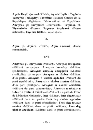 - 124 -
Aɣmis Unṣib «Journal Officiel», Aɣmis Unṣib n Tagduda
Tazzayrit Tamagdayt Taɣerfant «Journal Officiel de la
République Algérienne Démocratique et Populaire»,
Aneɣmas, pl. Ineɣmasen «Journaliste», Taɣemsa, pl.
Tiɣemsiwin «Presse», Taɣemsa taɣelnawt «Presse
nationale», Taɣemsa tilellit «Presse libre».
ƔN
Aɣan, pl. Aɣanen «Traité», Aɣan amzenzi «Traité
commercial».
ƔNS
Amaɣnas, pl. Imaɣnasen «Militant», Amaɣnas ameggafsu
«Militant corrompu», Amaɣnas anmalay «Militant
syndicaliste», Amaɣnas anmalay ameggafsu «Militant
syndicaliste corrompu», Amaɣnas n ukabar «Militant
d’un parti», Amaɣnas n ukabar agdudan «Militant du
parti républicain», Amaɣnas n ukabar asertan «Militant
d’un parti politique», Amaɣnas n ukabar azduklan
«Militant du parti communiste», Amaɣnas n ukabar n
Udmer n Teslullit Taɣelnawt «Militant du parti du Front
de Libération Nationale», Ɣnes «Militer», Ɣnes deg ukabar
«Militant dans un parti», Ɣnes deg ukabar agdudan
«Militant dans le parti républicain», Ɣnes deg ukabar
asertan «Militant dans un parti politique», Ɣnes deg
ukabar azduklan «Militant dans le parti communiste»,
 