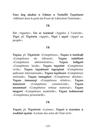 - 125 -
Ɣnes deg ukabar n Udmer n Teslullit Taɣelnawt
«Militant dans le parti du Front de Libération Nationale».
ƔR
Ɣer «Appeler», Ɣer ar warmud «Appeler à l’activité»,
Tiɣri, pl. Tiɣriwin «Appel», Tiɣri i uɣref «Appel au
peuple».
ƔR
Taɣara, pl. Tiɣariwin «Compétence», Taɣara n tsenbaḍt
«Compétence du tribunal», Taɣara tadeblant
«Compétence administrative», Taɣara tadigant
«Compétence locale», Taɣara taɣarimt «Compétence
civile», Taɣara taɣedmant tagraɣlant «Compétence
judiciaire internationale», Taɣara taɣelnawt «Compétence
nationale», Taɣara tamagdazt «Compétence absolue»,
Taɣara tamassaɣt «Compétence relative», Taɣara
tamzenzit «Compétence commerciale», Taɣara
tanammast «Compétence retinae materiae», Taɣara
tangawt «Compétence matérielle», Taɣara tudmawant
«Compétence personnelle».
ƔR
Taɣuri, pl. Tiɣuriwin «Lecture», Taɣuri n warraten n
waddad aɣarim «Lecture des actes de l’état civil».
 