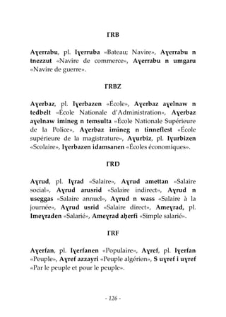 - 126 -
ƔRB
Aɣerrabu, pl. Iɣerruba «Bateau; Navire», Aɣerrabu n
tnezzut «Navire de commerce», Aɣerrabu n umgaru
«Navire de guerre».
ƔRBZ
Aɣerbaz, pl. Iɣerbazen «École», Aɣerbaz aɣelnaw n
tedbelt «École Nationale d’Administration», Aɣerbaz
aɣelnaw imineg n temsulta «École Nationale Supérieure
de la Police», Aɣerbaz imineg n tinneflest «École
supérieure de la magistrature», Aɣurbiz, pl. Iɣurbizen
«Scolaire», Iɣerbazen idamsanen «Écoles économiques».
ƔRD
Aɣrud, pl. Iɣrad «Salaire», Aɣrud amettan «Salaire
social», Aɣrud arusrid «Salaire indirect», Aɣrud n
useggas «Salaire annuel», Aɣrud n wass «Salaire à la
journée», Aɣrud usrid «Salaire direct», Ameɣrad, pl.
Imeɣraden «Salarié», Ameɣrad aḥerfi «Simple salarié».
ƔRF
Aɣerfan, pl. Iɣerfanen «Populaire», Aɣref, pl. Iɣerfan
«Peuple», Aɣref azzayri «Peuple algérien», S uɣref i uɣref
«Par le peuple et pour le peuple».
 