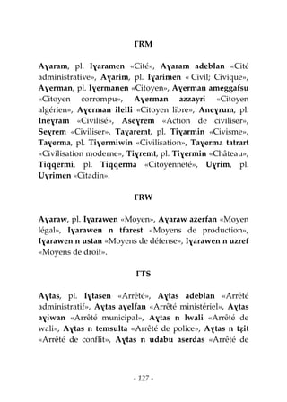 - 127 -
ƔRM
Aɣaram, pl. Iɣaramen «Cité», Aɣaram adeblan «Cité
administrative», Aɣarim, pl. Iɣarimen « Civil; Civique»,
Aɣerman, pl. Iɣermanen «Citoyen», Aɣerman ameggafsu
«Citoyen corrompu», Aɣerman azzayri «Citoyen
algérien», Aɣerman ilelli «Citoyen libre», Aneɣrum, pl.
Ineɣram «Civilisé», Aseɣrem «Action de civiliser»,
Seɣrem «Civiliser», Taɣaremt, pl. Tiɣarmin «Civisme»,
Taɣerma, pl. Tiɣermiwin «Civilisation», Taɣerma tatrart
«Civilisation moderne», Tiɣremt, pl. Tiɣermin «Château»,
Tiqqermi, pl. Tiqqerma «Citoyenneté», Uɣrim, pl.
Uɣrimen «Citadin».
ƔRW
Aɣaraw, pl. Iɣarawen «Moyen», Aɣaraw azerfan «Moyen
légal», Iɣarawen n tfarest «Moyens de production»,
Iɣarawen n ustan «Moyens de défense», Iɣarawen n uzref
«Moyens de droit».
ƔTS
Aɣtas, pl. Iɣtasen «Arrêté», Aɣtas adeblan «Arrêté
administratif», Aɣtas aɣelfan «Arrêté ministériel», Aɣtas
aɣiwan «Arrêté municipal», Aɣtas n lwali «Arrêté de
wali», Aɣtas n temsulta «Arrêté de police», Aɣtas n tẓit
«Arrêté de conflit», Aɣtas n udabu aserdas «Arrêté de
 