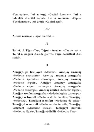 - 130 -
d’entreprise», Ihri n teẓgi «Capital forestier», Ihri n
tiddukla «Capital social», Ihri n wammud «Capital
d’exploitation», Ihri urmid «Capital actif».
JRD
Ajerrid n usmad «Ligne du crédit».
JṚ
Tajṛut, pl. Tijṛa «Cas», Tajṛut n tmettant «Cas de mort»,
Tajṛut n umgaru «Cas de guerre», Tajṛut tamettant «Cas
social».
JY
Amejjay, pl. Imejjayen «Médecin», Amejjay amazzag
«Médecin spécialiste», Amejjay amazzag ameggafsu
«Médecin spécialiste corrompu», Amejjay amazzay
«Médecin expert», Amejjay amazzay ameggafsu
«Médecin expert corrompu», Amejjay ameggafsu
«Médecin corrompu», Amejjay azerfan «Médecin légiste»,
Amejjay azerfan ameggafsu «Médecin légiste corrompu»,
Amejjay n twacult «Médecin de la famille», Tamejjayt
«Médecine», Tamejjayt n tesfert «Médecine de caisse»,
Tamejjayt n umahil «Médecine du travail», Tamejjayt
tamettant «Médecine sociale», Tamejjayt tazerfant
«Médecine légale», Tamejjayt tilellit «Médecine libre».
 