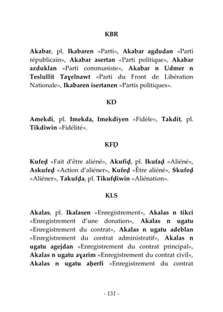 - 131 -
KBR
Akabar, pl. Ikabaren «Parti», Akabar agdudan «Parti
républicain», Akabar asertan «Parti politique», Akabar
azduklan «Parti communiste», Akabar n Udmer n
Teslullit Taɣelnawt «Parti du Front de Libération
Nationale», Ikabaren isertanen «Partis politiques».
KD
Amekdi, pl. Imekda, Imekdiyen «Fidèle», Takdit, pl.
Tikdiwin «Fidélité».
KFḌ
Kufeḍ «Fait d’être aliéné», Akufiḍ, pl. Ikufaḍ «Aliéné»,
Askufeḍ «Action d’aliéner», Kufeḍ «Être aliéné», Skufeḍ
«Aliéner», Takufḍa, pl. Tikufḍiwin «Aliénation».
KLS
Akalas, pl. Ikalasen «Enregistrement», Akalas n tikci
«Enregistrement d’une donation», Akalas n ugatu
«Enregistrement du contrat», Akalas n ugatu adeblan
«Enregistrement du contrat administratif», Akalas n
ugatu agejdan «Enregistrement du contrat principal»,
Akalas n ugatu aɣarim «Enregistrement du contrat civil»,
Akalas n ugatu aḥerfi «Enregistrement du contrat
 