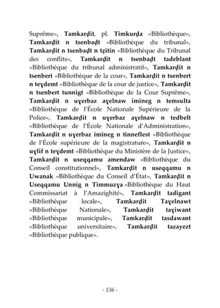 - 136 -
Suprême», Tamkarḍit, pl. Timkurḍa «Bibliothèque»,
Tamkarḍit n tsenbaḍt «Bibliothèque du tribunal»,
Tamkarḍit n tsenbaḍt n tẓitin «Bibliothèque du Tribunal
des conflits», Tamkarḍit n tsenbaḍt tadeblant
«Bibliothèque du tribunal administratif», Tamkarḍit n
tsenbert «Bibliothèque de la cour», Tamkarḍit n tsenbert
n teɣdemt «Bibliothèque de la cour de justice», Tamkarḍit
n tsenbert tunnigt «Bibliothèque de la Cour Suprême»,
Tamkarḍit n uɣerbaz aɣelnaw imineg n temsulta
«Bibliothèque de l’École Nationale Supérieure de la
Police», Tamkarḍit n uɣerbaz aɣelnaw n tedbelt
«Bibliothèque de l’École Nationale d’Administration»,
Tamkarḍit n uɣerbaz imineg n tinneflest «Bibliothèque
de l’École supérieure de la magistrature», Tamkarḍit n
uɣlif n teɣdemt «Bibliothèque du Ministère de la Justice»,
Tamkarḍit n useqqamu amendaw «Bibliothèque du
Conseil constitutionnel», Tamkarḍit n useqqamu n
Uwanak «Bibliothèque du Conseil d’État», Tamkarḍit n
Useqqamu Unnig n Timmuzɣa «Bibliothèque du Haut
Commissariat à l’Amazighité», Tamkarḍit tadigant
«Bibliothèque locale», Tamkarḍit Taɣelnawt
«Bibliothèque Nationale», Tamkarḍit taɣiwant
«Bibliothèque municipale», Tamkarḍit tasdawant
«Bibliothèque universitaire», Tamkarḍit tazayezt
«Bibliothèque publique».
 