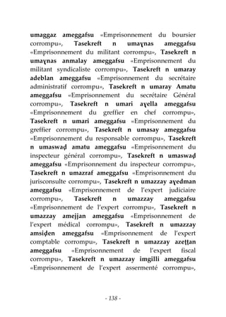 - 138 -
umaggaz ameggafsu «Emprisonnement du boursier
corrompu», Tasekreft n umaɣnas ameggafsu
«Emprisonnement du militant corrompu», Tasekreft n
umaɣnas anmalay ameggafsu «Emprisonnement du
militant syndicaliste corrompu», Tasekreft n umaray
adeblan ameggafsu «Emprisonnement du secrétaire
administratif corrompu», Tasekreft n umaray Amatu
ameggafsu «Emprisonnement du secrétaire Général
corrompu», Tasekreft n umari aɣella ameggafsu
«Emprisonnement du greffier en chef corrompu»,
Tasekreft n umari ameggafsu «Emprisonnement du
greffier corrompu», Tasekreft n umasay ameggafsu
«Emprisonnement du responsable corrompu», Tasekreft
n umaswaḍ amatu ameggafsu «Emprisonnement du
inspecteur général corrompu», Tasekreft n umaswaḍ
ameggafsu «Emprisonnement du inspecteur corrompu»,
Tasekreft n umazraf ameggafsu «Emprisonnement du
jurisconsulte corrompu», Tasekreft n umazzay aɣedman
ameggafsu «Emprisonnement de l’expert judiciaire
corrompu», Tasekreft n umazzay ameggafsu
«Emprisonnement de l’expert corrompu», Tasekreft n
umazzay amejjan ameggafsu «Emprisonnement de
l’expert médical corrompu», Tasekreft n umazzay
amsiḍen ameggafsu «Emprisonnement de l’expert
comptable corrompu», Tasekreft n umazzay azeṭṭan
ameggafsu «Emprisonnement de l’expert fiscal
corrompu», Tasekreft n umazzay imgilli ameggafsu
«Emprisonnement de l’expert assermenté corrompu»,
 
