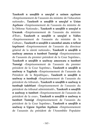 - 143 -
Tasekreft n uneḍlib n uneɣlaf n usinen aɣelnaw
«Emprisonnement de l’assassin du ministre de l’éducation
nationale», Tasekreft n uneḍlib n uneɣlaf n Ustan
Aɣelnaw «Emprisonnement de l’assassin du ministre de
la Défense Nationale», Tasekreft n uneḍlib n uneɣlaf n
Uwanak «Emprisonnement de l’assassin du ministre
d’État», Tasekreft n uneḍlib n uneɣlaf n Yidles
«Emprisonnement de l’assassin du ministre de la
Culture», Tasekreft n uneḍlib n unemhal amatu n teflest
taɣelnawt «Emprisonnement de l’assassin du directeur
général de la sûreté nationale», Tasekreft n uneḍlib n
uselway amenzu n tsenbert Tunnigt «Emprisonnement
de l’assassin du premier président de la Cour Suprême»,
Tasekreft n uneḍlib n uselway amezwaru n tsenbert
Tunnigt «Emprisonnement de l’assassin du premier
président de la Cour Suprême», Tasekreft n uneḍlib n
uselway n Tagduda «Emprisonnement de l’assassin du
Président de la République», Tasekreft n uneḍlib n
uselway n tsenbaḍt «Emprisonnement de l’assassin du
président du tribunal», Tasekreft n uneḍlib n uselway n
tsenbaḍt tadeblant «Emprisonnement de l’assassin du
président du tribunal administratif», Tasekreft n uneḍlib
n uselway n tsenbert «Emprisonnement de l’assassin du
président de la cour», Tasekreft n uneḍlib n uselway n
tsenbert Tunnigt «Emprisonnement de l’assassin du
président de la Cour Suprême», Tasekreft n uneḍlib n
uselway n Ugraw Aɣerfan Aɣelnaw «Emprisonnement
de l’assassin du président de l’Assemblée Populaire
 