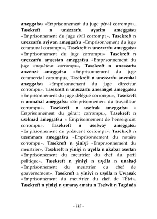 - 145 -
ameggafsu «Emprisonnement du juge pénal corrompu»,
Tasekreft n unezzarfu aɣarim ameggafsu
«Emprisonnement du juge civil corrompu», Tasekreft n
unezzarfu aɣiwan ameggafsu «Emprisonnement du juge
communal corrompu», Tasekreft n unezzarfu ameggafsu
«Emprisonnement du juge corrompu», Tasekreft n
unezzarfu amsestan ameggafsu «Emprisonnement du
juge enquêteur corrompu», Tasekreft n unezzarfu
amzenzi ameggafsu «Emprisonnement du juge
commercial corrompu», Tasekreft n unezzarfu anemhal
ameggafsu «Emprisonnement du juge directeur
corrompu», Tasekreft n unezzarfu anesmigel ameggafsu
«Emprisonnement du juge délégué corrompu», Tasekreft
n unmahal ameggafsu «Emprisonnement du travailleur
corrompu», Tasekreft n usefrak ameggafsu «
Emprisonnement du gérant corrompu», Tasekreft n
uselmad ameggafsu « Emprisonnement de l’enseignant
corrompu», Tasekreft n uselway ameggafsu
«Emprisonnement du président corrompu», Tasekreft n
uzemmam ameggafsu «Emprisonnement du notaire
corrompu», Tasekreft n yiniɣi «Emprisonnement du
meurtrier», Tasekreft n yiniɣi n uɣella n ukabar asertan
«Emprisonnement du meurtrier du chef du parti
politique», Tasekreft n yiniɣi n uɣella n unabaḍ
«Emprisonnement du meurtrier du chef de
gouvernement», Tasekreft n yiniɣi n uɣella n Uwanak
«Emprisonnement du meurtrier du chef de l’État»,
Tasekreft n yiniɣi n umaray amatu n Tselwit n Tagduda
 