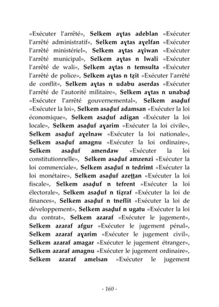 - 160 -
«Exécuter l’arrêté», Selkem aɣtas adeblan «Exécuter
l’arrêté administratif», Selkem aɣtas aɣelfan «Exécuter
l’arrêté ministériel», Selkem aɣtas aɣiwan «Exécuter
l’arrêté municipal», Selkem aɣtas n lwali «Exécuter
l’arrêté de wali», Selkem aɣtas n temsulta «Exécuter
l’arrêté de police», Selkem aɣtas n tẓit «Exécuter l’arrêté
de conflit», Selkem aɣtas n udabu aserdas «Exécuter
l’arrêté de l’autorité militaire», Selkem aɣtas n unabaḍ
«Exécuter l’arrêté gouvernemental», Selkem asaḍuf
«Exécuter la loi», Selkem asaḍuf adamsan «Exécuter la loi
économique», Selkem asaḍuf adigan «Exécuter la loi
locale», Selkem asaḍuf aɣarim «Exécuter la loi civile»,
Selkem asaḍuf aɣelnaw «Exécuter la loi nationale»,
Selkem asaḍuf amagnu «Exécuter la loi ordinaire»,
Selkem asaḍuf amendaw «Exécuter la loi
constitutionnelle», Selkem asaḍuf amzenzi «Exécuter la
loi commerciale», Selkem asaḍuf n tedrimt «Exécuter la
loi monétaire», Selkem asaḍuf azeṭṭan «Exécuter la loi
fiscale», Selkem asaḍuf n tefrent «Exécuter la loi
électorale», Selkem asaḍuf n tiẓraf «Exécuter la loi de
finances», Selkem asaḍuf n tneflit «Exécuter la loi de
développement», Selkem asaḍuf n ugatu «Exécuter la loi
du contrat», Selkem azaraf «Exécuter le jugement»,
Selkem azaraf afgur «Exécuter le jugement pénal»,
Selkem azaraf aɣarim «Exécuter le jugement civil»,
Selkem azaraf amagar «Exécuter le jugement étranger»,
Selkem azaraf amagnu «Exécuter le jugement ordinaire»,
Selkem azaraf amelsan «Exécuter le jugement
 